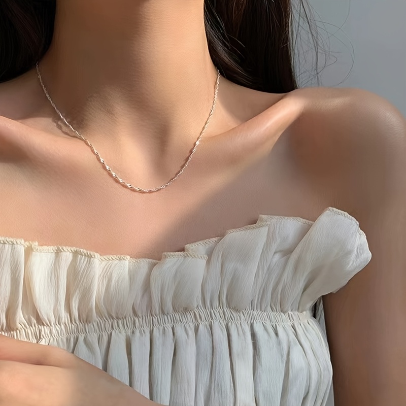 S925 Silvery Wave Chain Necklace, Stylish Choker